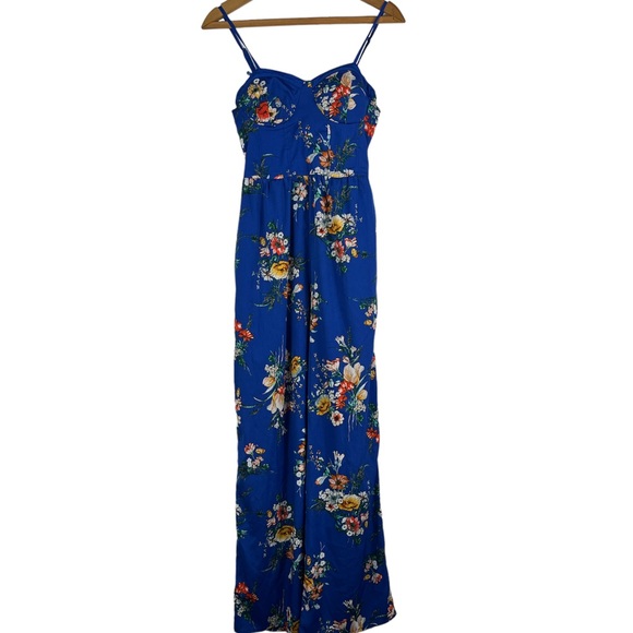 Band of Gypsies Pants - Band of Gypsies Blue Floral Print Jumpsuit Sleeveless Pockets Small
